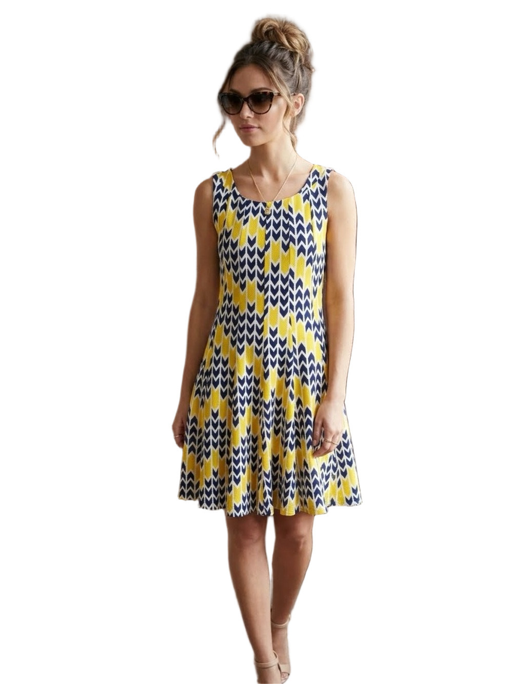 Haani Yellow and Navy Patterned Midi Dress Size S Petite